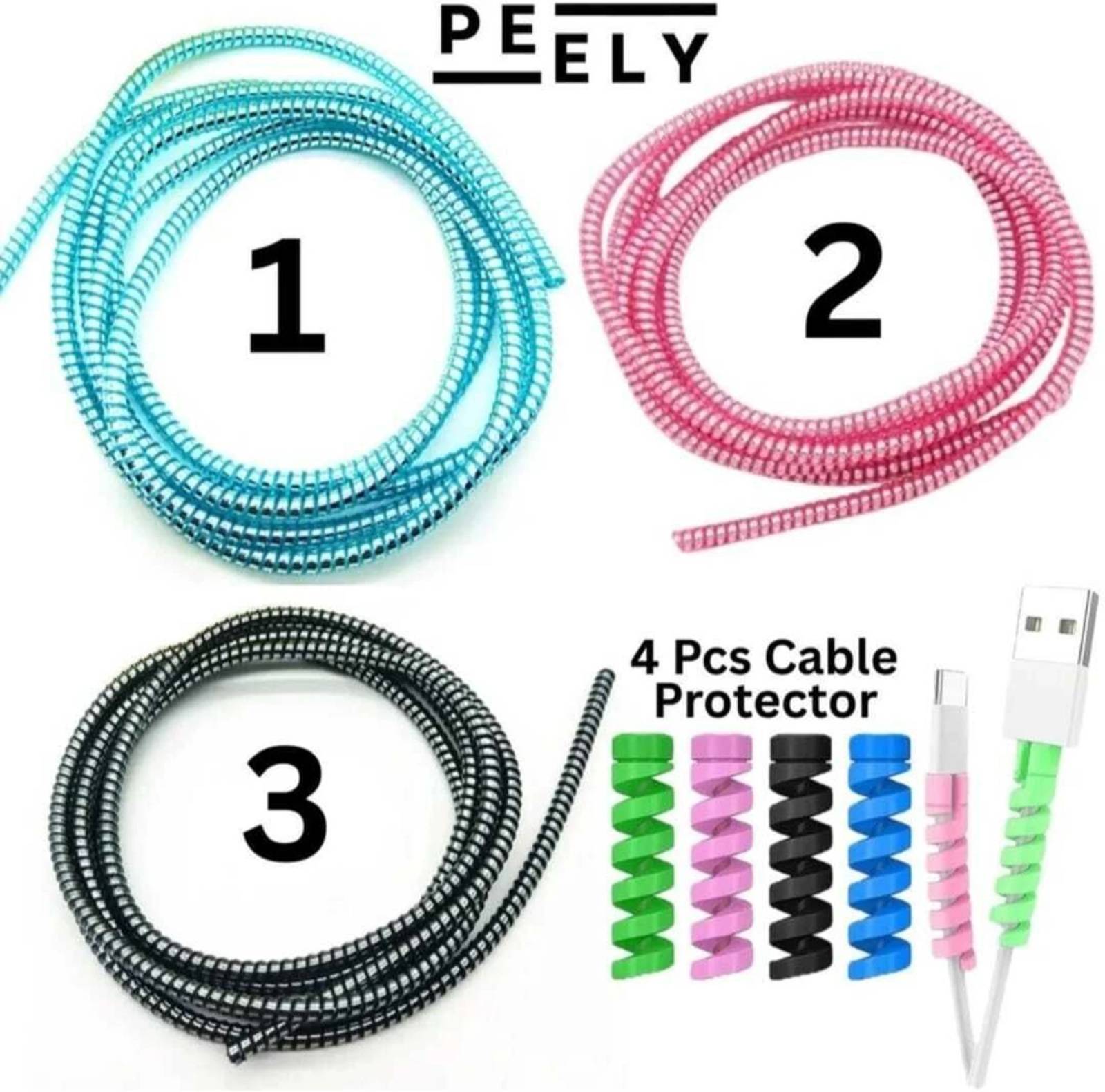 FastiQ Cable protectors 3 pcs combo pink black sky blue with free 4 pcs spiral Cable Protector (Multi Color)