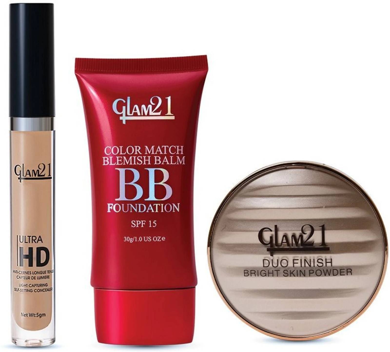 Glam21 Ultra HD Concealer, BB Foundation SPF15 & Oilfree Duo Finish Compact Powder (3 Items in the set)