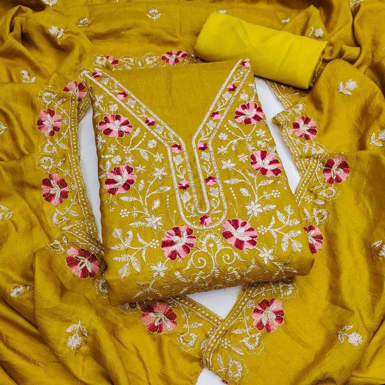 HMP Fashion Unstitched Silk Blend Kurta & Churidar Material Embroidered