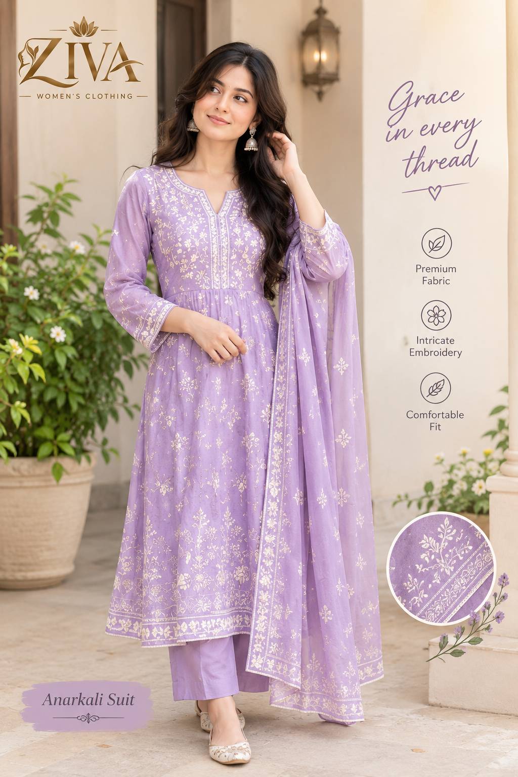 Ziva Lavender Embroidered Anarkali Suit Set